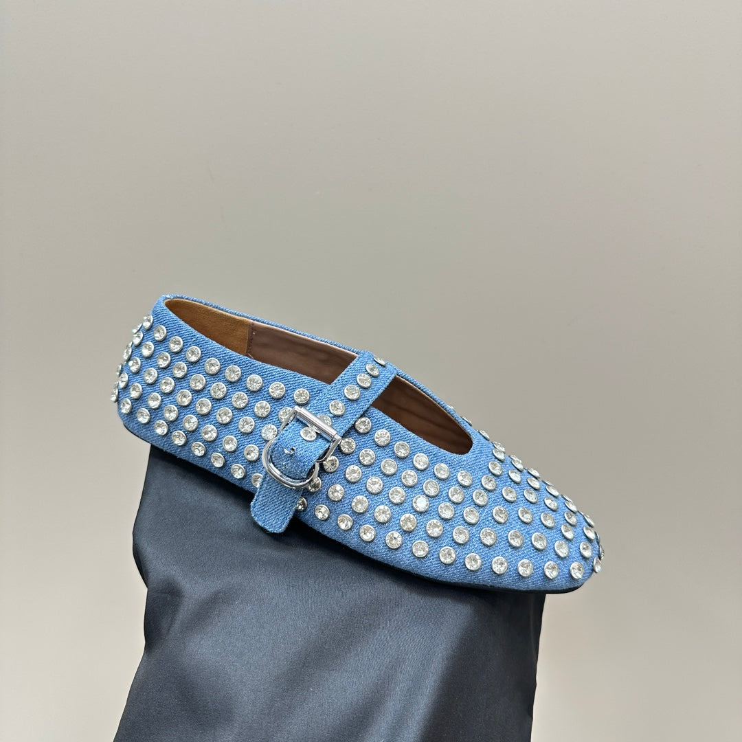 ALAIA CRYSTAL EMBELLISHED BALLET FLATS IN LIGHT BLUE DENIM