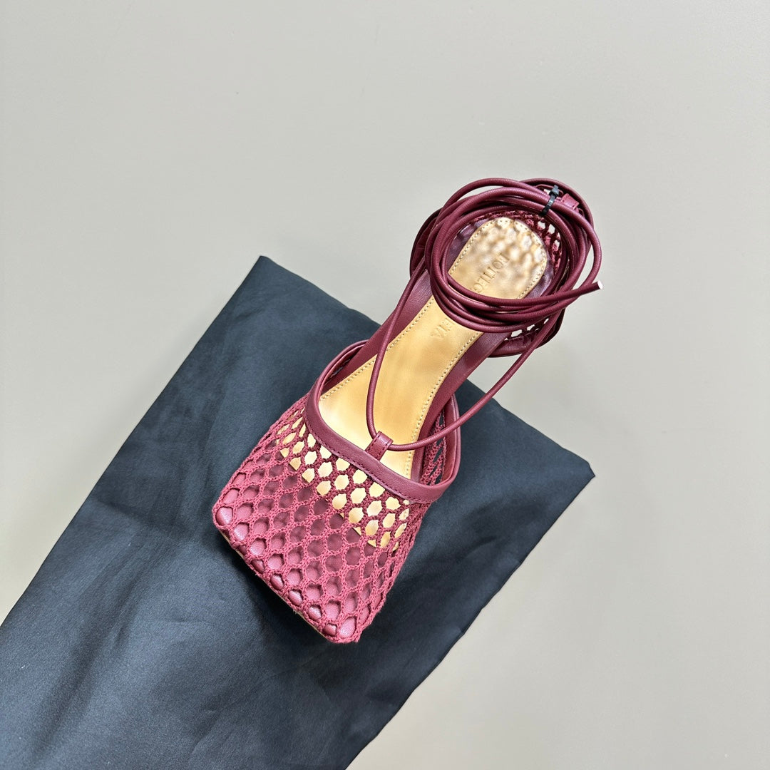 STRETCH HIGH HEELS 9 CM IN SANGRIA RED METALLIZE MESH AND LEATHER