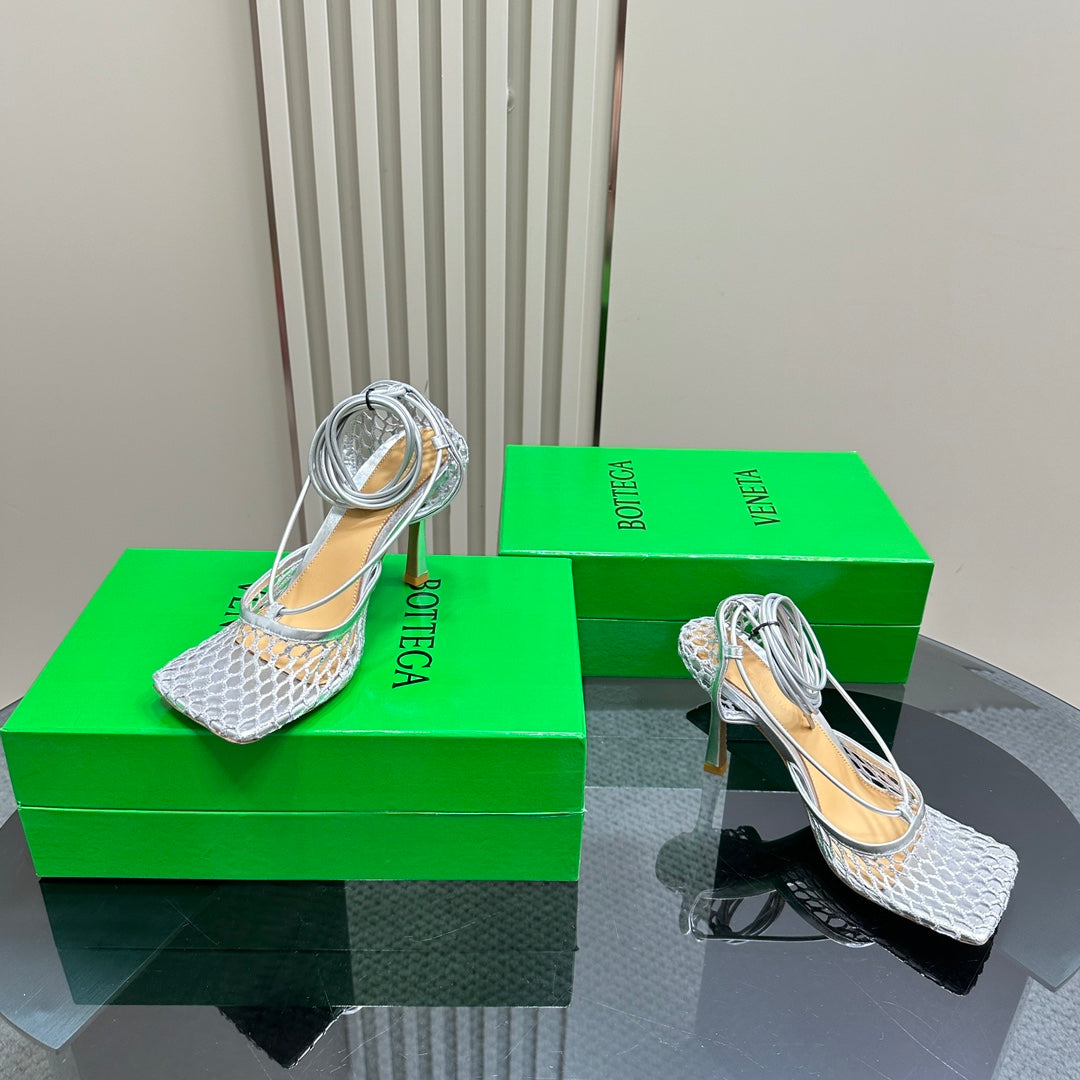 STRETCH HIGH HEELS 9 CM IN SILVER METALLIZE MESH AND LEATHER