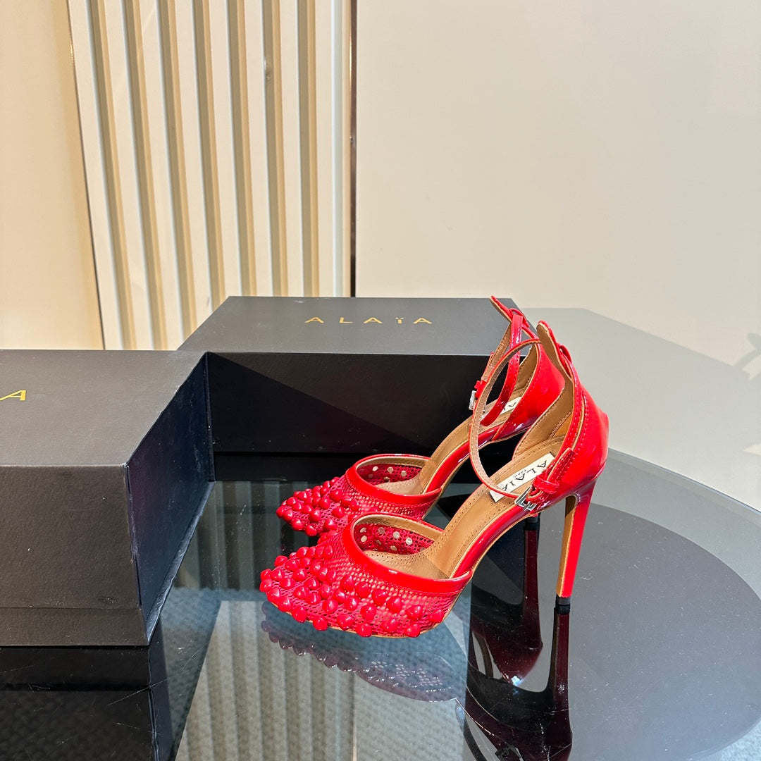 ALAIA HIGH FISHNET PUMPS WITH STUDS IN CHERRY RED LYCRA MESH AND LAMBSKIN