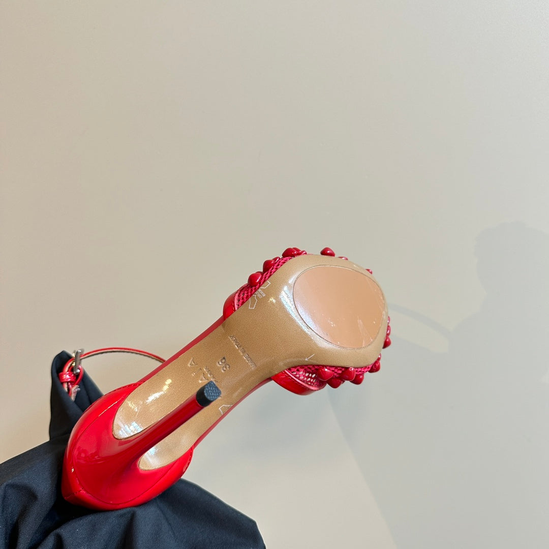 ALAIA HIGH FISHNET PUMPS WITH STUDS IN CHERRY RED LYCRA MESH AND LAMBSKIN