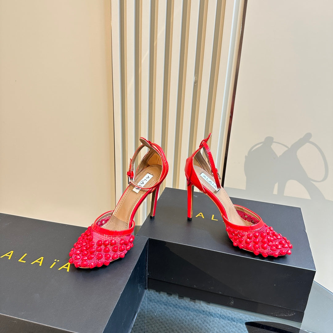 ALAIA HIGH FISHNET PUMPS WITH STUDS IN CHERRY RED LYCRA MESH AND LAMBSKIN
