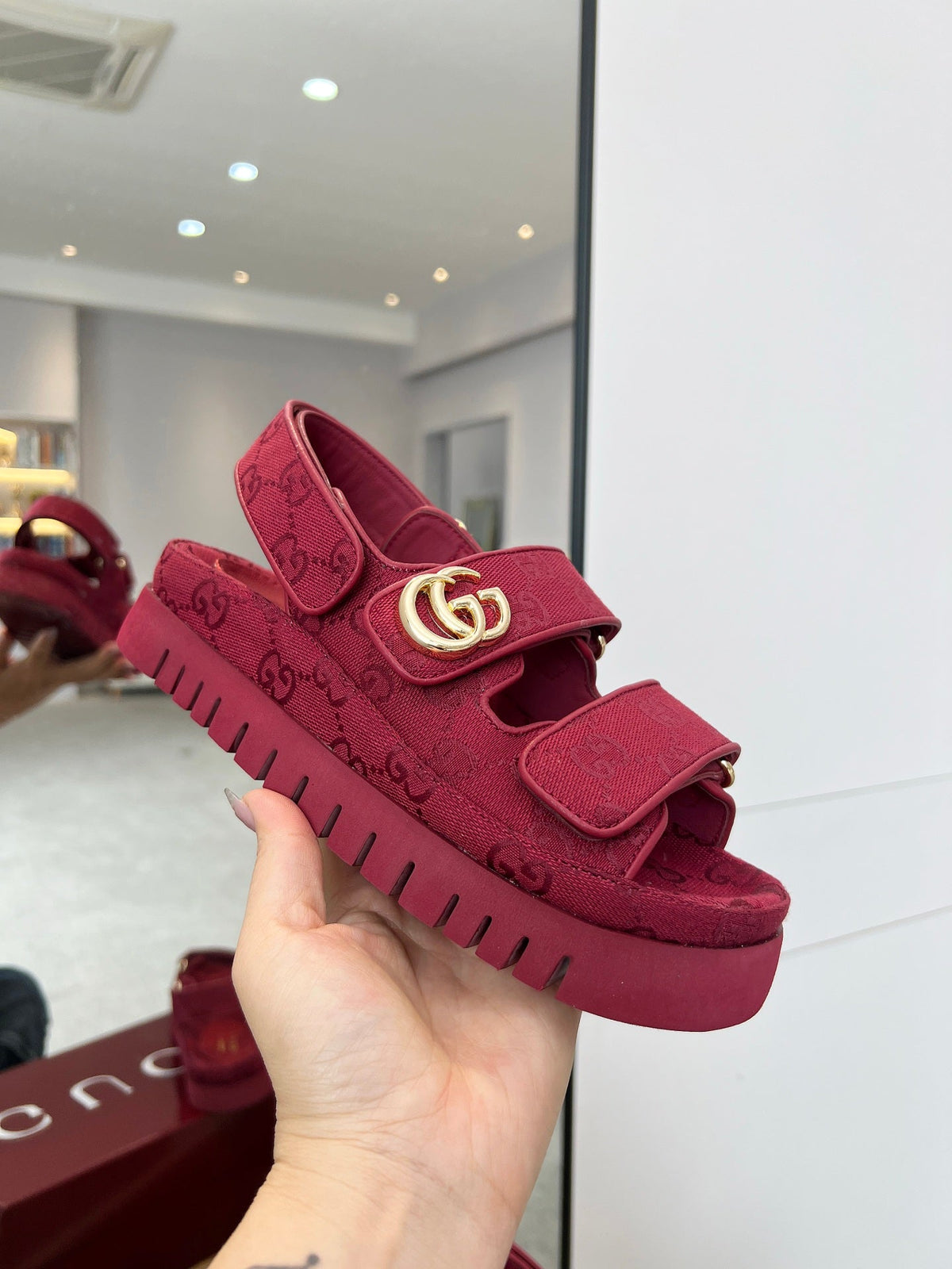 VELCRO STRAP SANDALS IN BRICK RED MONOGRAM CANVAS GOLD HARDWARE