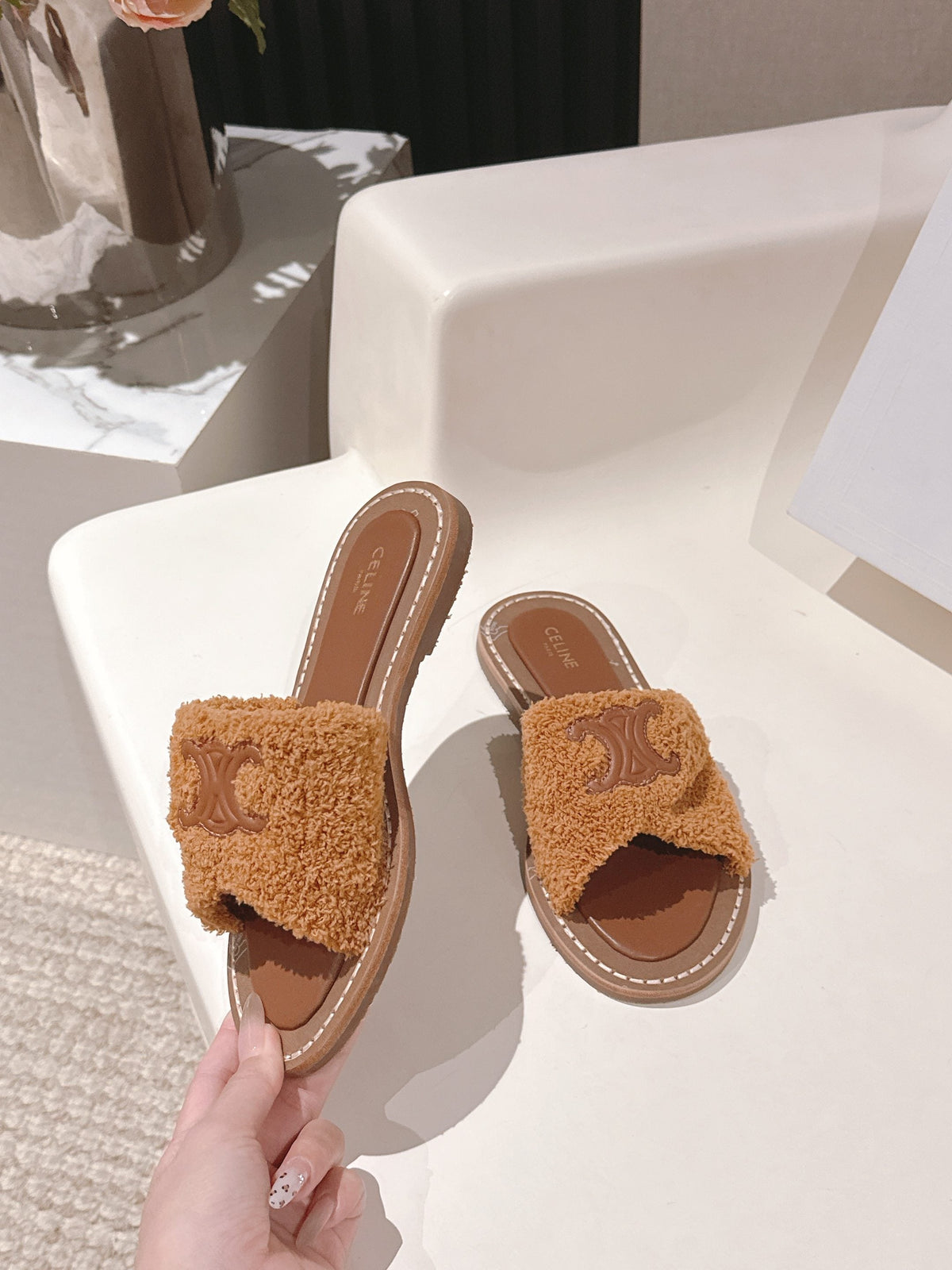 CELINE 25S LYMPIA TWISTED SANDAL IN BURNT ORANGE SPONGE FABRIC