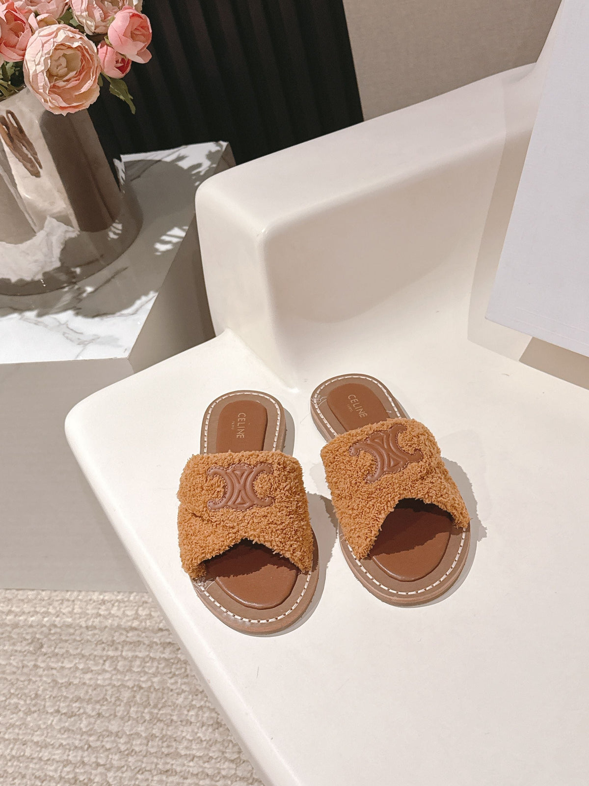 CELINE 25S LYMPIA TWISTED SANDAL IN BURNT ORANGE SPONGE FABRIC