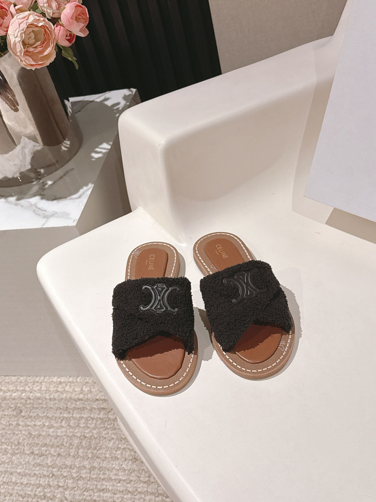 CELINE 25S LYMPIA TWISTED SANDAL IN BLACK SPONGE FABRIC