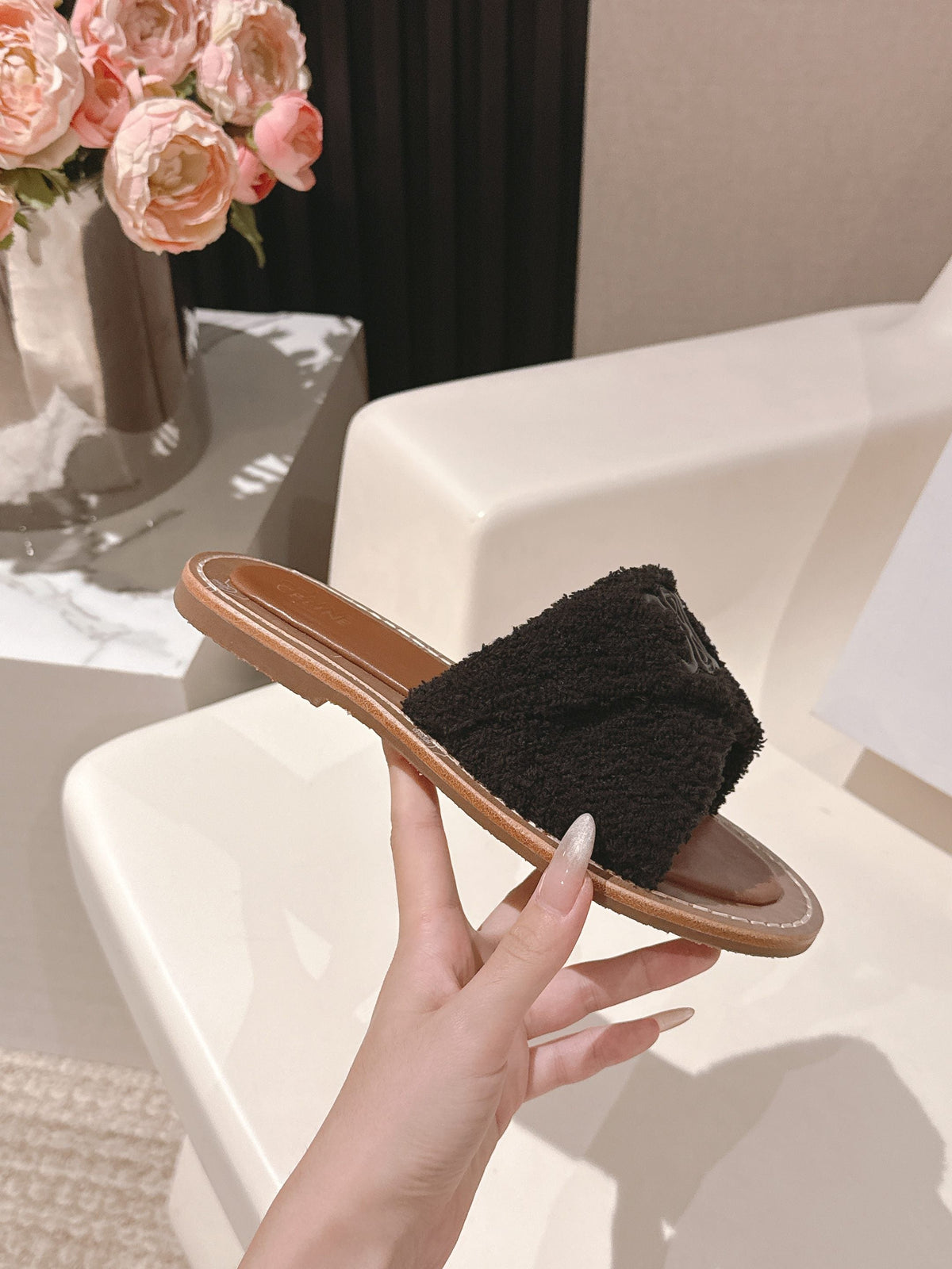 CELINE 25S LYMPIA TWISTED SANDAL IN BLACK SPONGE FABRIC