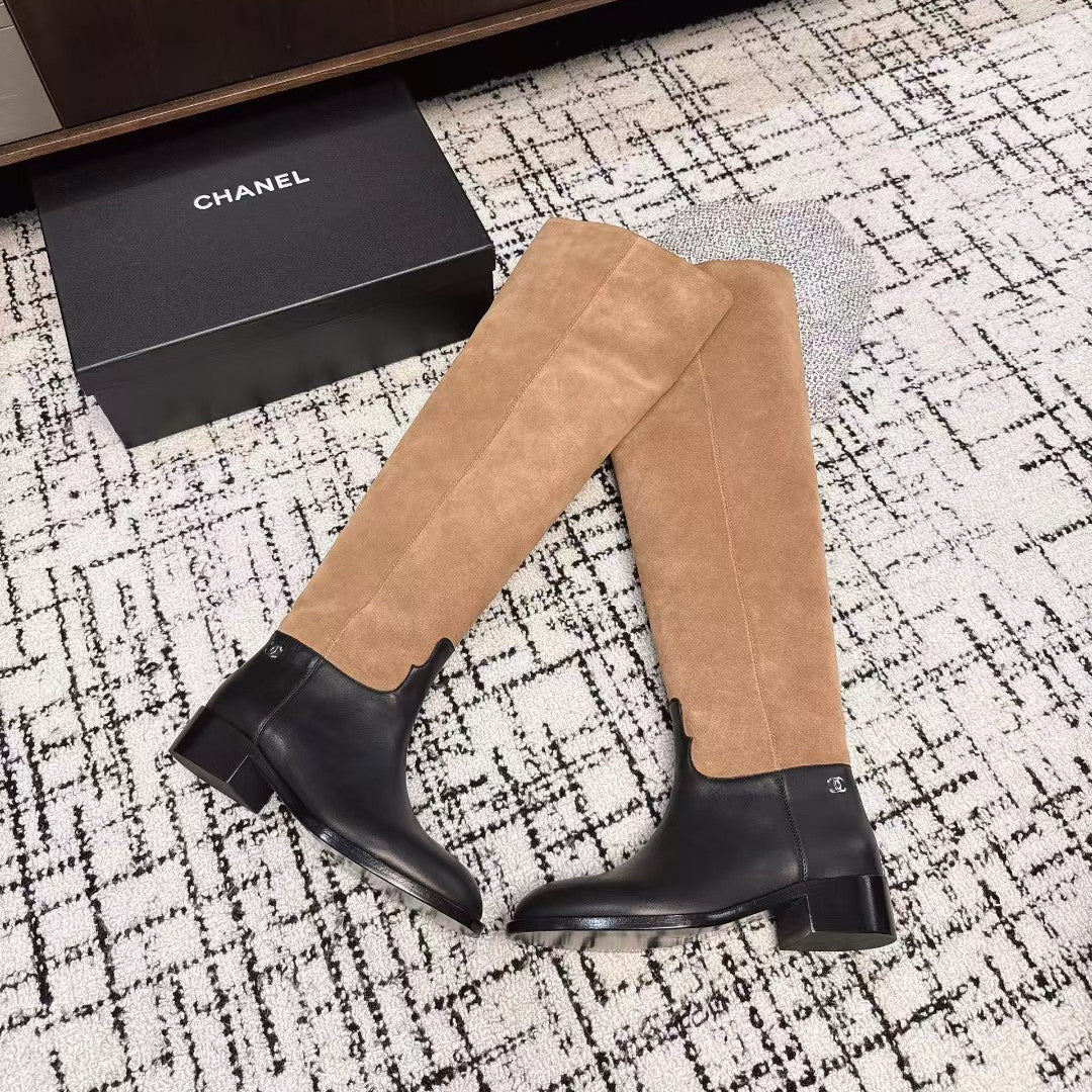 CC HIGH BOOTS IN TAN BROWN SUEDE MIX BLACK CALFSKIN