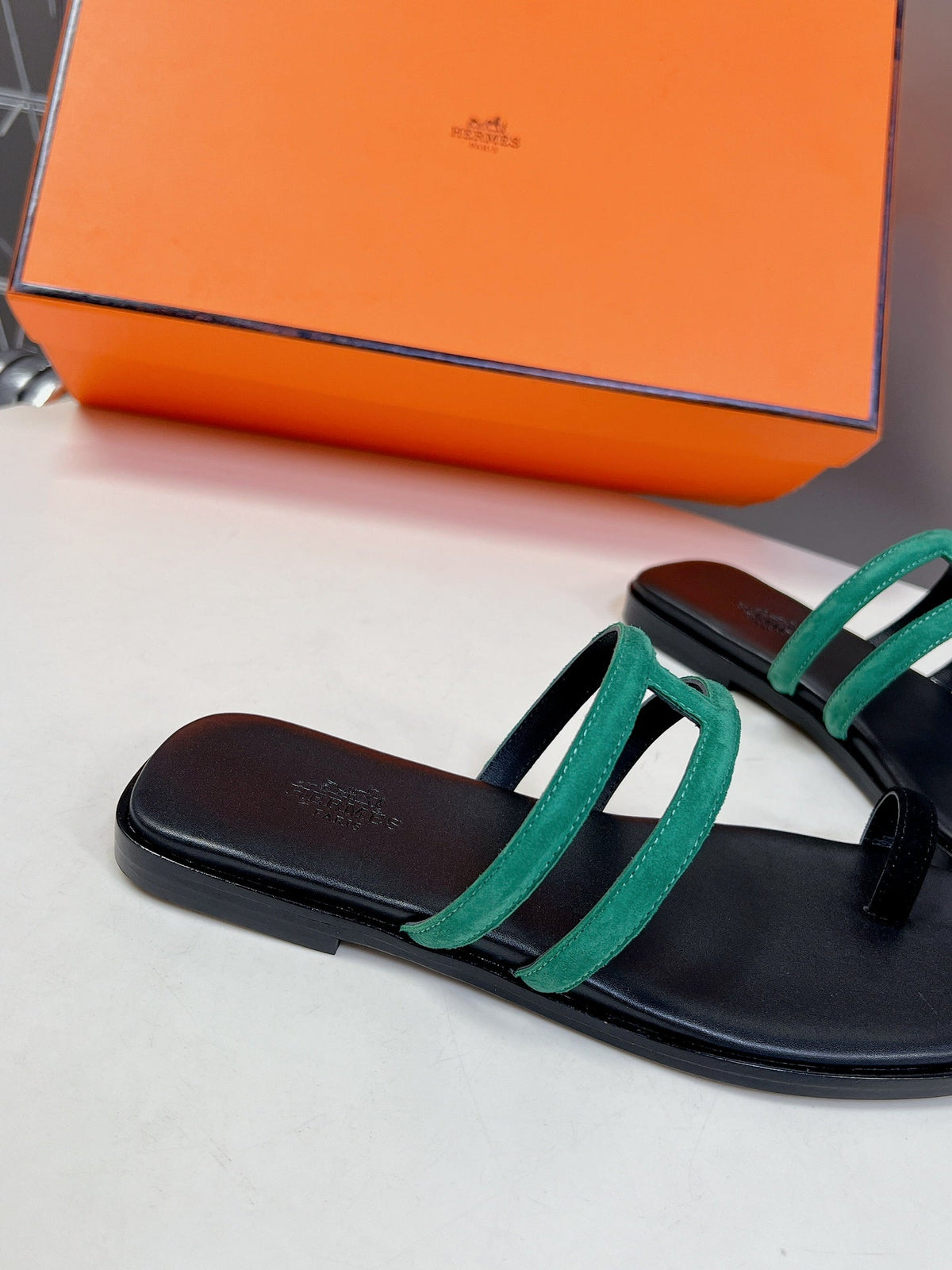 Georgia Sandals Teal Suede Black Calfskin