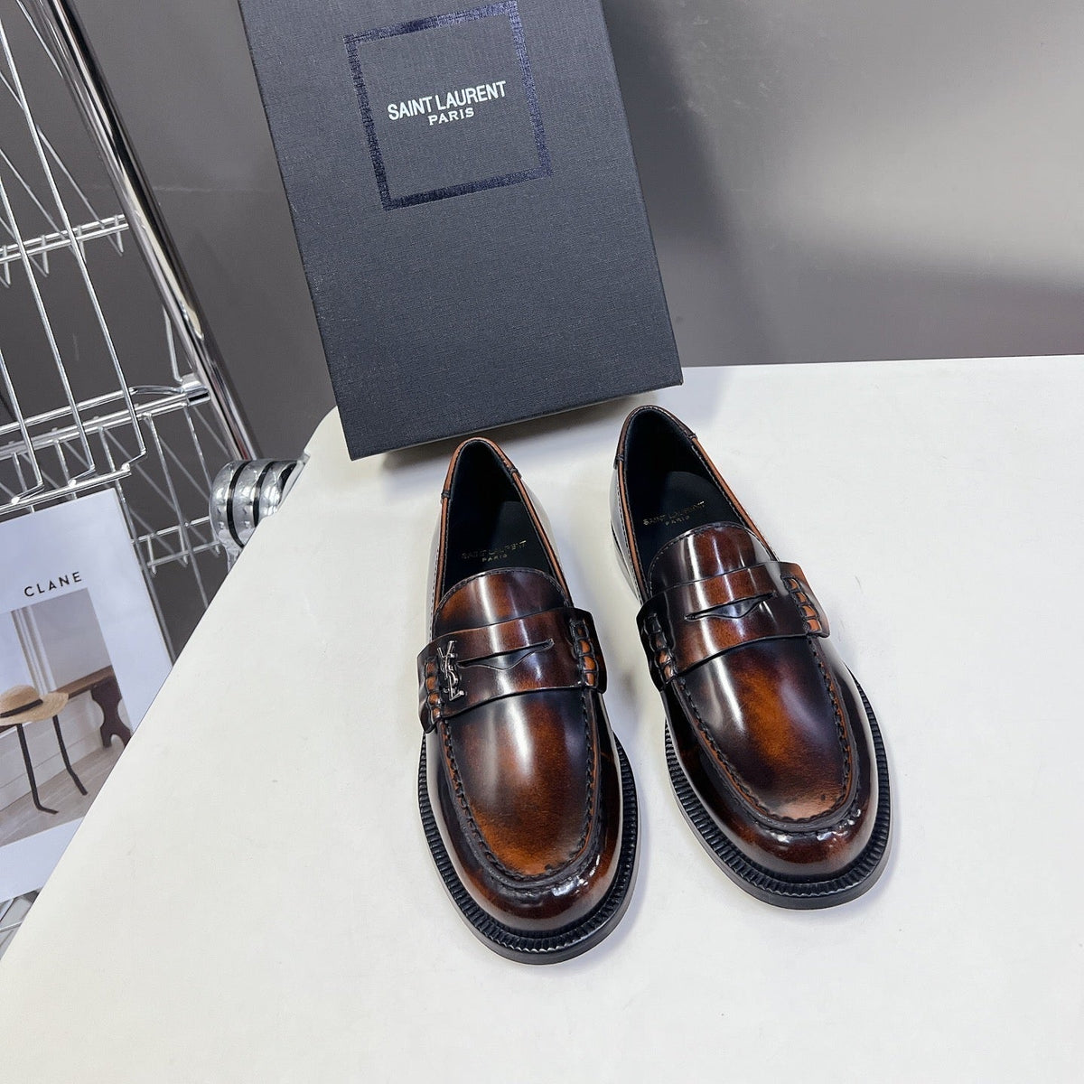 YSL 25S SAINT LAURENT LOAFERS IN TORTOISESHELL BROWN GLOSSY CALFSKIN