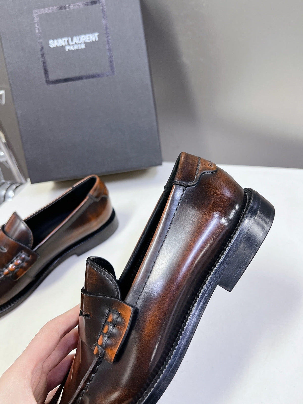 YSL 25S SAINT LAURENT LOAFERS IN TORTOISESHELL BROWN GLOSSY CALFSKIN