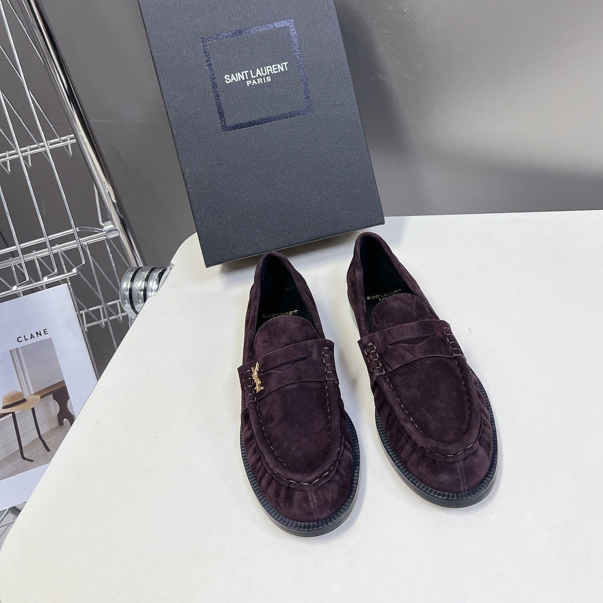 YSL 25S SAINT LAURENT LOAFERS IN DUSTY PLUM SUEDE