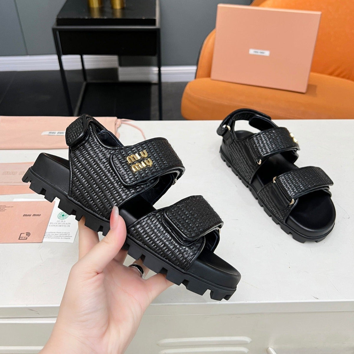 SANDALS BLACK SHEEPSKIN WITH 2 HORIZONTAL STRAPS