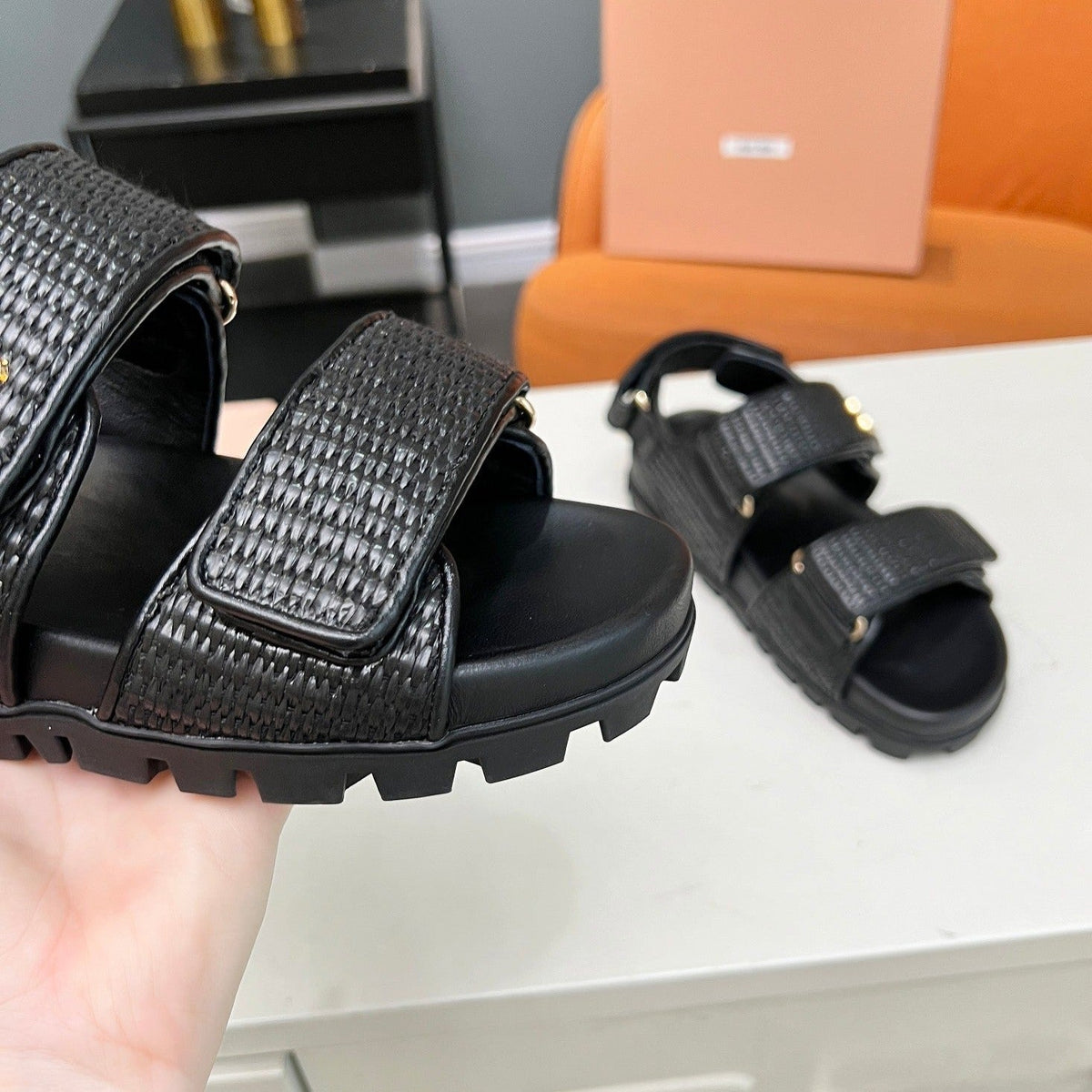 SANDALS BLACK SHEEPSKIN WITH 2 HORIZONTAL STRAPS