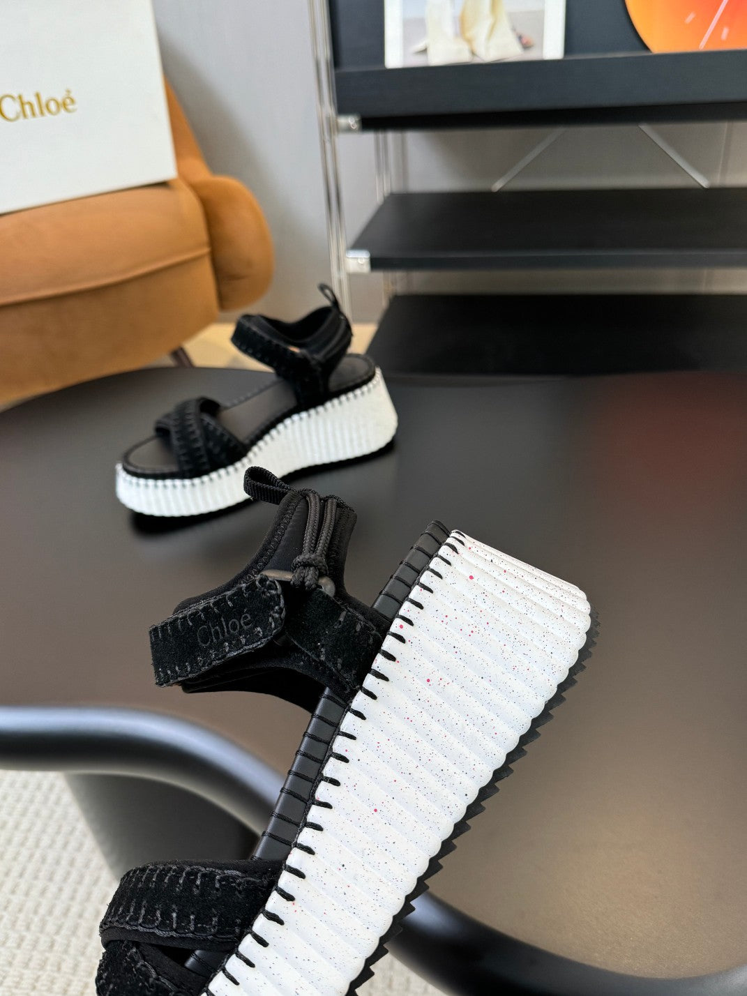 CHLOÉ NAMA WEDGE SANDAL 8 CM IN BLACK SUEDE AND WHITE RUBBER