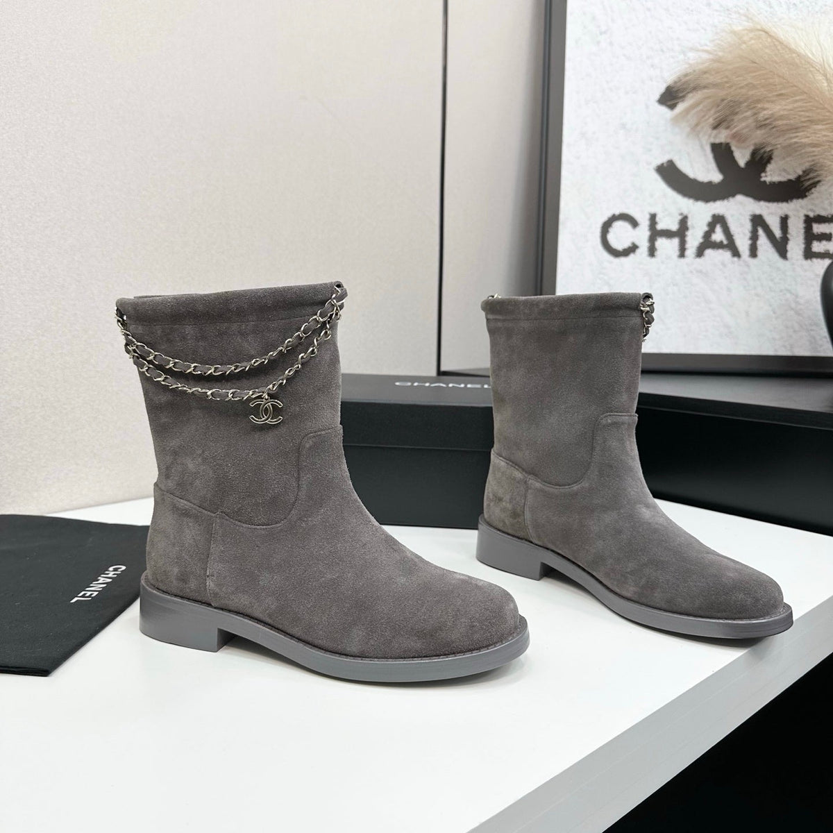 CHANEL 25S SHORT BOOTS IN GRAY SUEDE SILVER HARDWRE