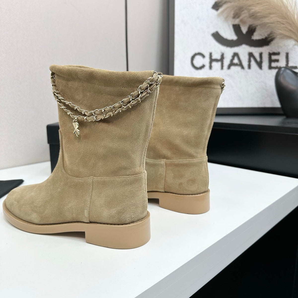 CHANEL 25S SHORT BOOTS IN LIGHT GOLD SUEDE SILVER HARDWRE
