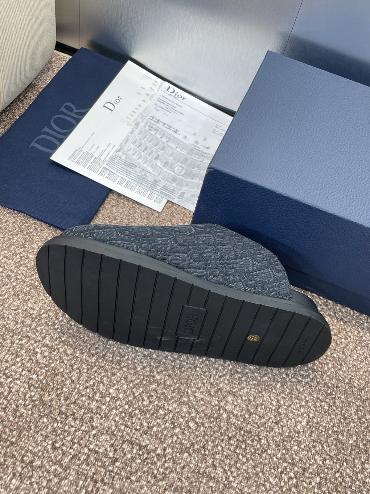 DIOR 25S AQUA MULES WITH OBLIQUE PATTERN IN DARK BLUE CANVAS