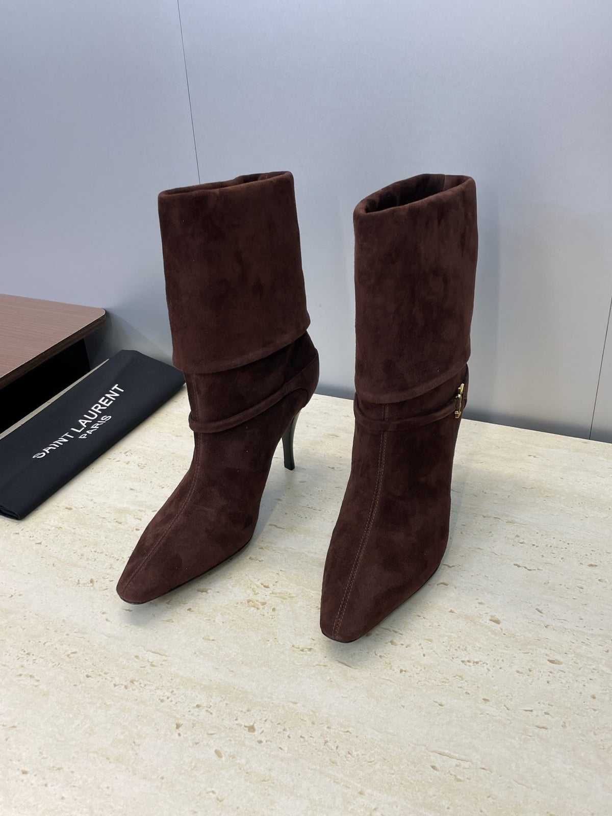 YSL 25S NIKI POINTED-HEEL ANKLE BOOTS 95 MM IN DARK BROWN SUEDE WITH GOLD HARDWARE