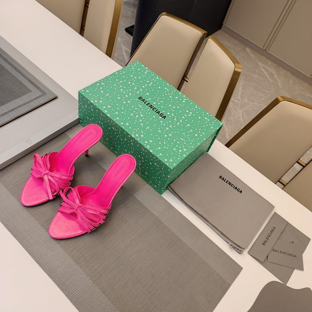 BOW-EMBELLISHED HIGH MULES IN HOT PINK SHEEPSKIN