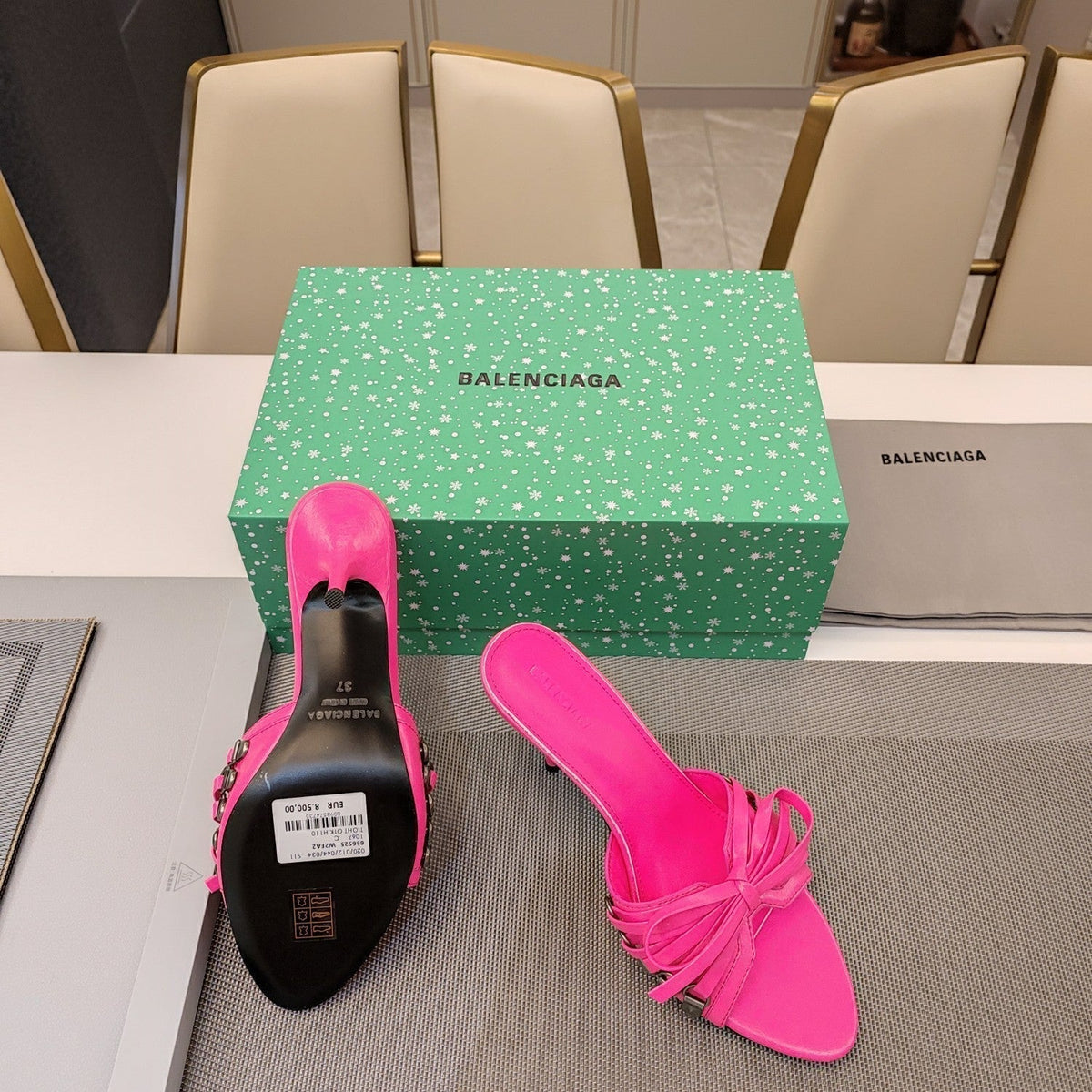 BOW-EMBELLISHED HIGH MULES IN HOT PINK SHEEPSKIN