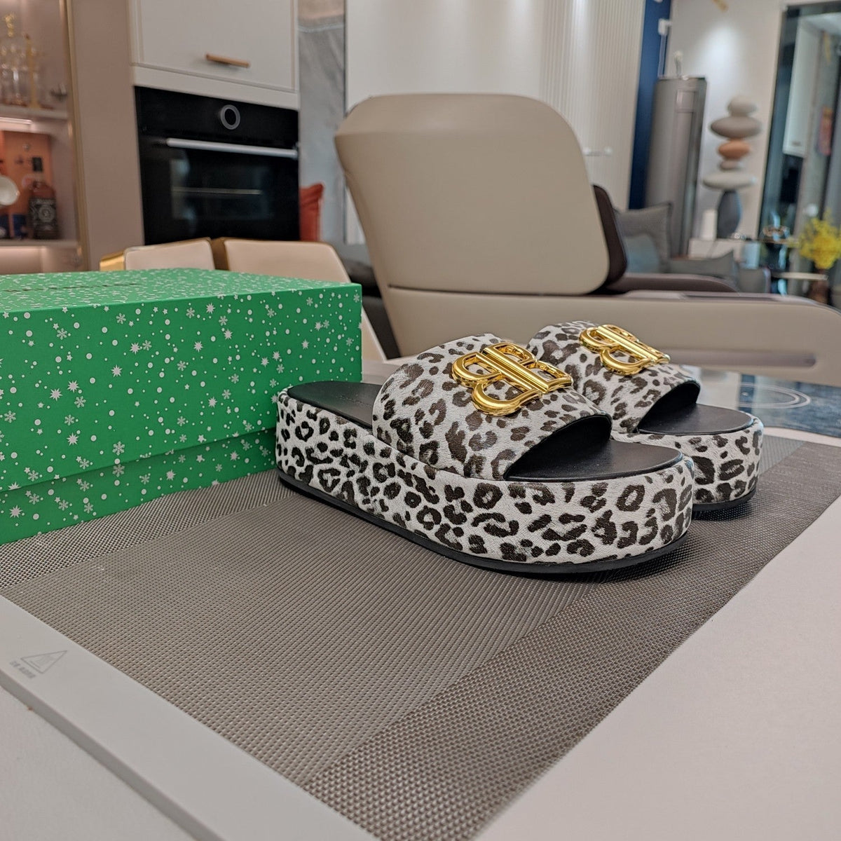 RISE SANDAL THICK-SOLED IN WHITE LEOPARD PRINT CALFSKIN