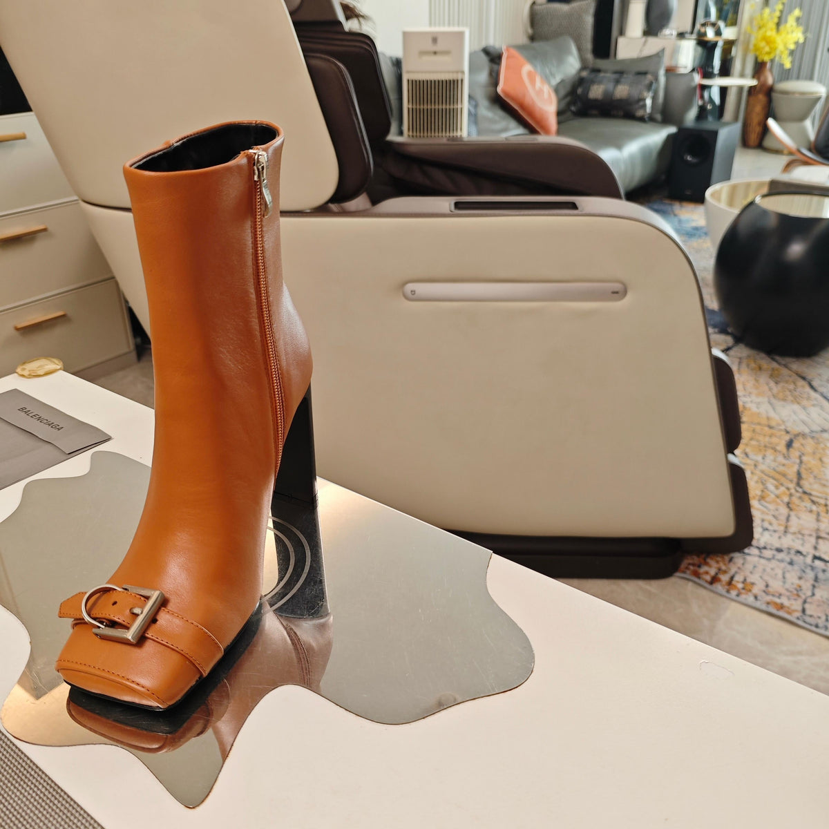 BALENCIAGA 25S BEL AIR BOOTS 115 MM IN DARK ORANGE CALFSKIN WITH SILVER HARDWARE
