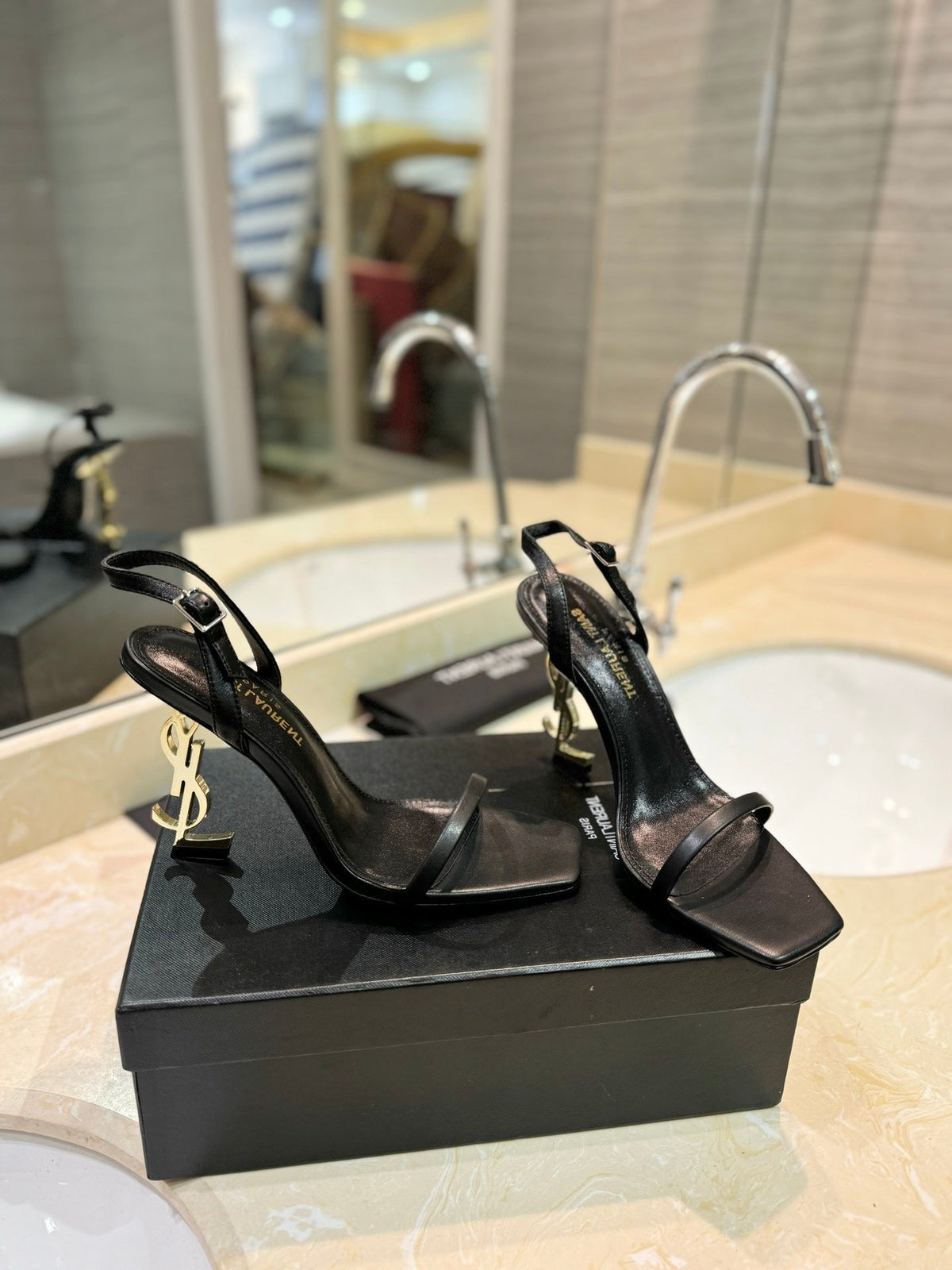 SL OPYUM SANDALS 80 BLACK AND GOLD CALFSKIN