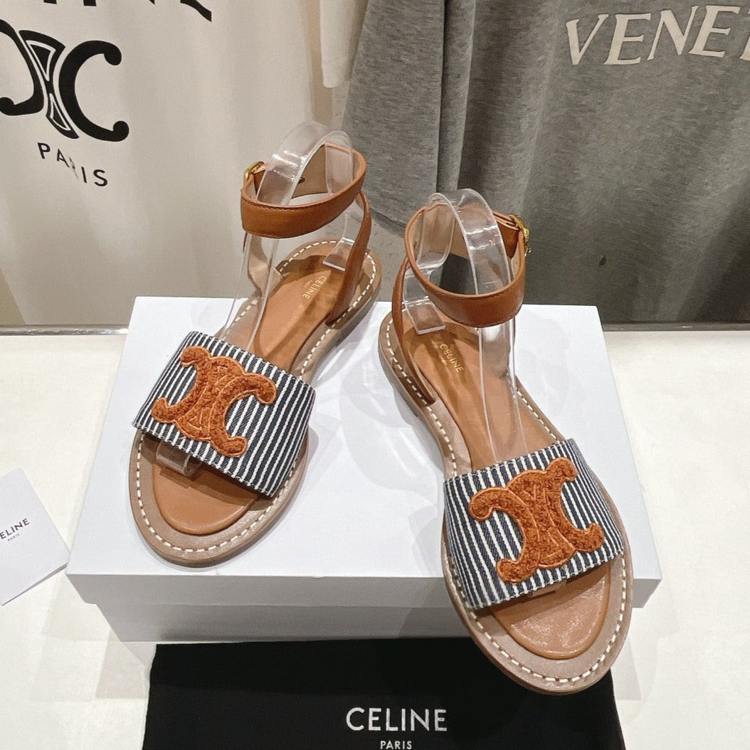 LYMPIA SANDAL IN TRIOMPHE MACCRAMÉ COTTON & CALFSKIN BRONZE BROWN/NAVY