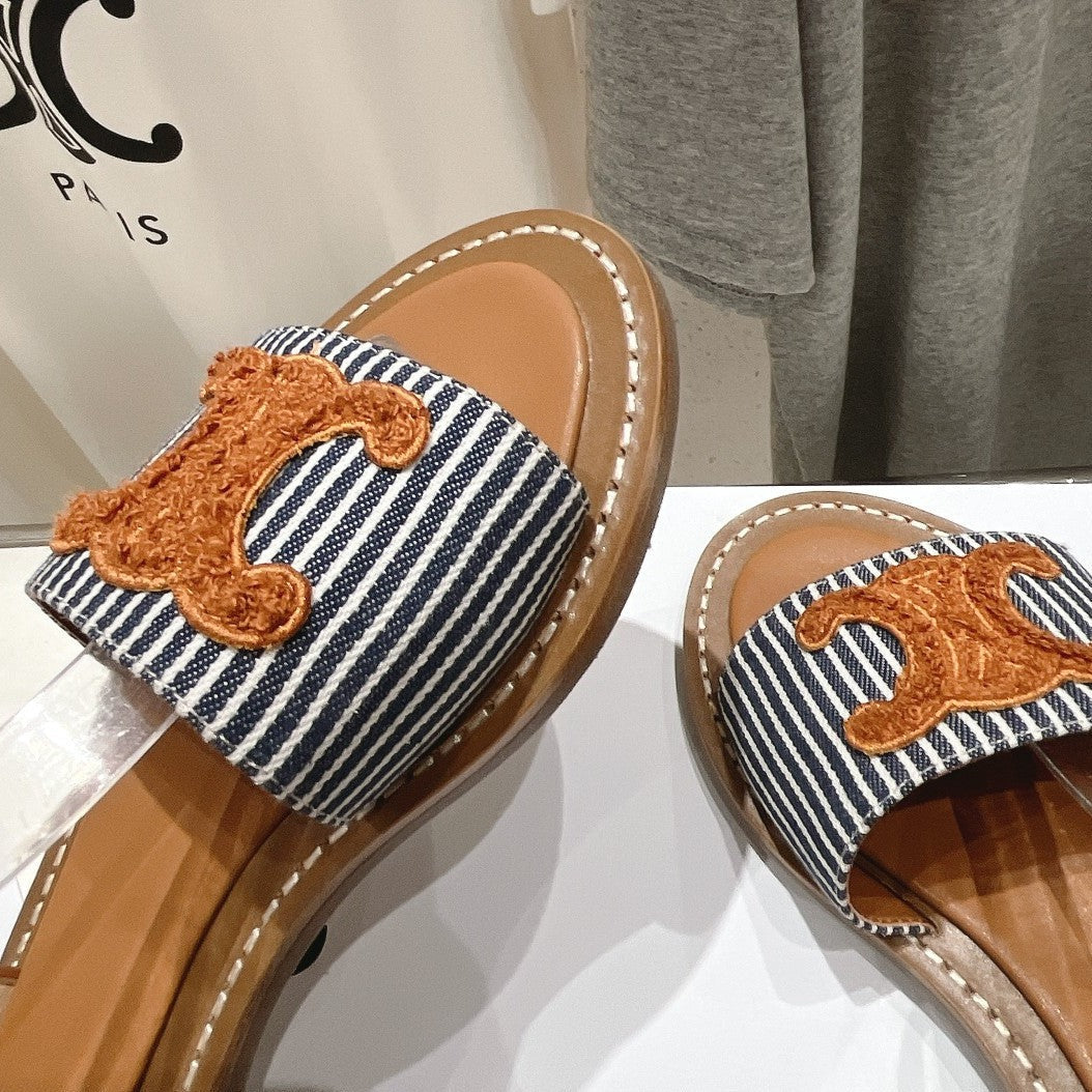 LYMPIA SANDAL IN TRIOMPHE MACCRAMÉ COTTON & CALFSKIN BRONZE BROWN/NAVY