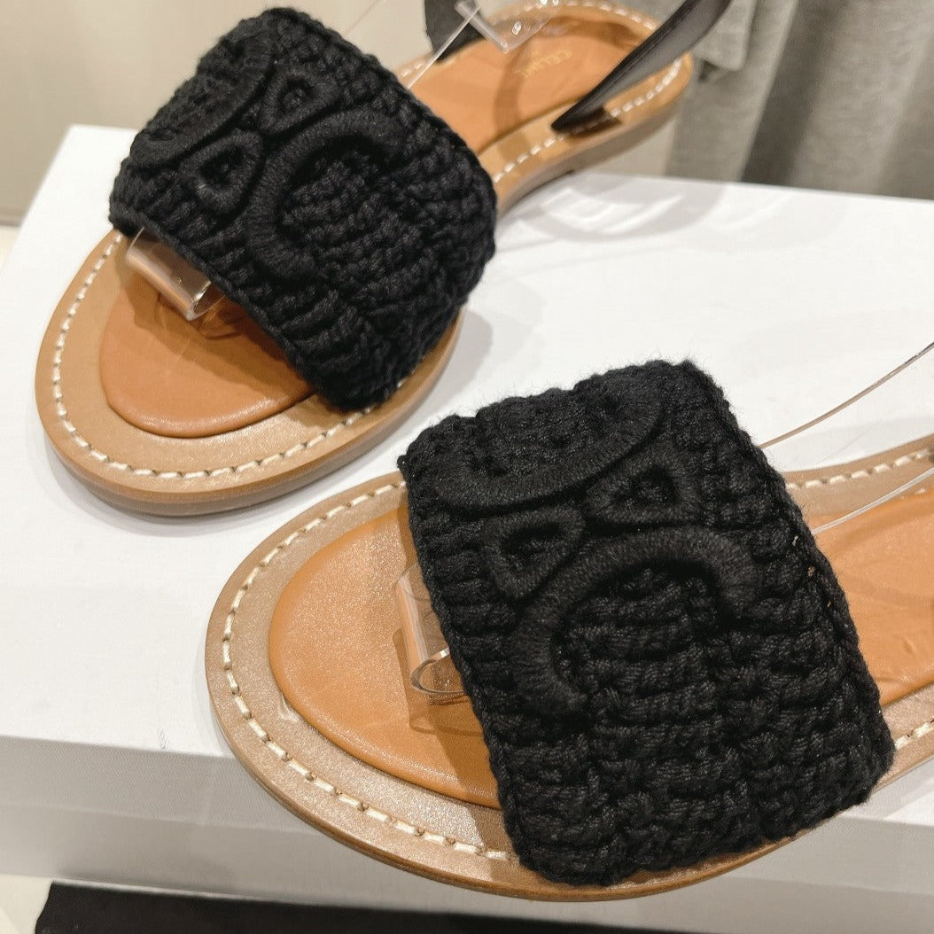 LYMPIA SANDAL IN TRIOMPHE MACCRAMÉ COTTON & CALFSKIN BLACK