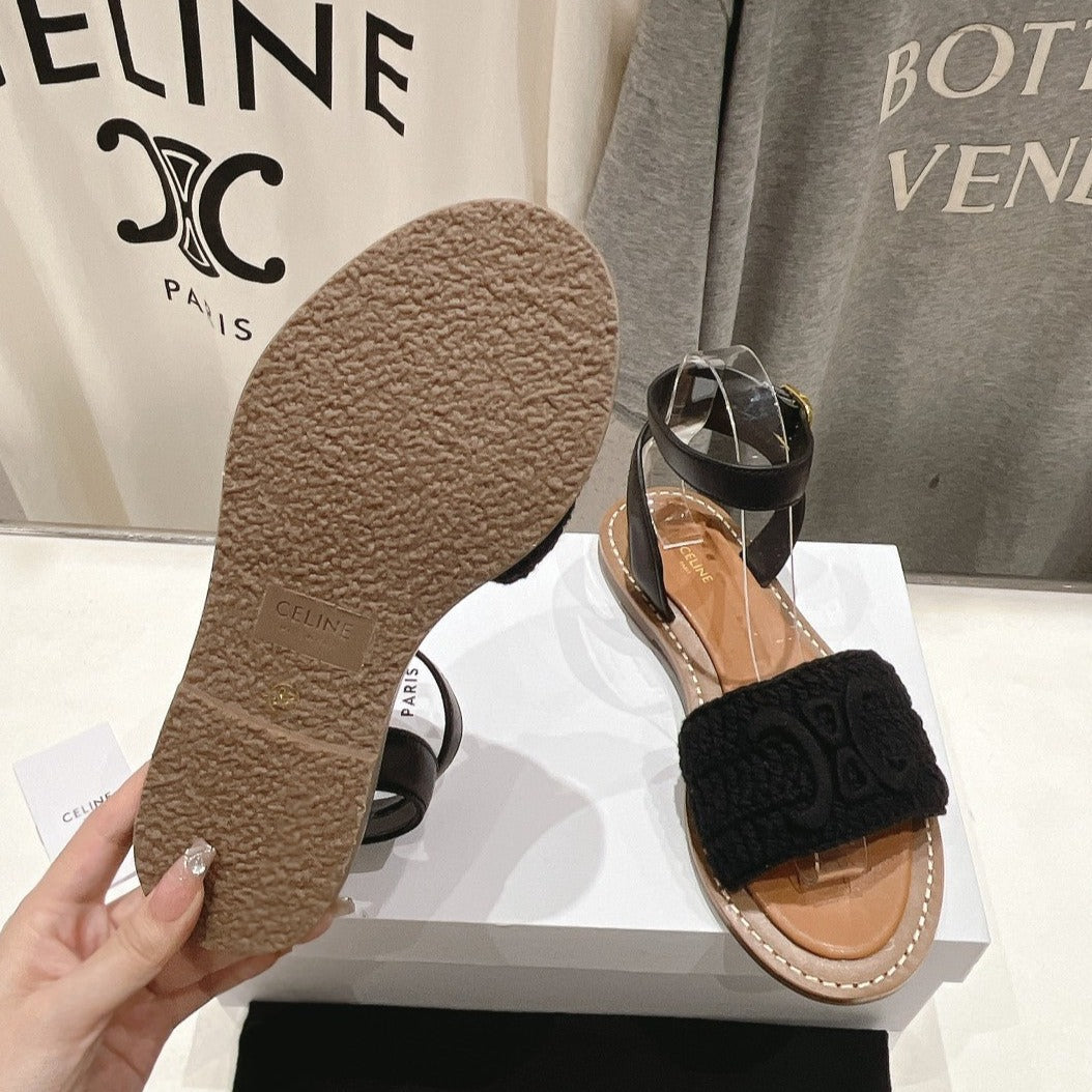 LYMPIA SANDAL IN TRIOMPHE MACCRAMÉ COTTON & CALFSKIN BLACK