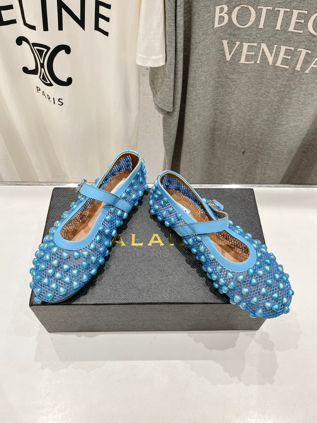 ALAIA PEARL MARY JANE SHOES IN CERULEAN BLUE MESH AND CALFSKIN