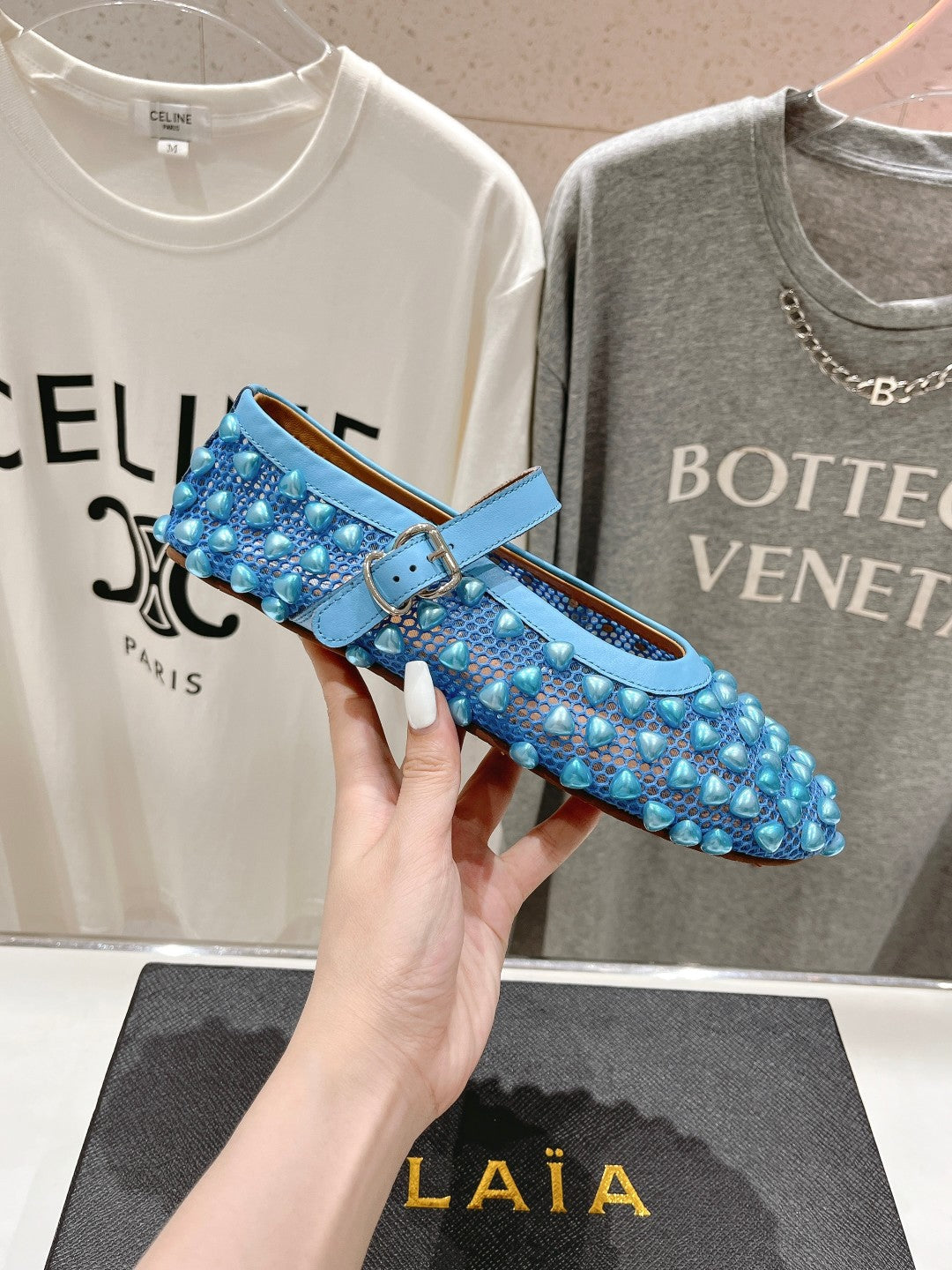 ALAIA PEARL MARY JANE SHOES IN CERULEAN BLUE MESH AND CALFSKIN