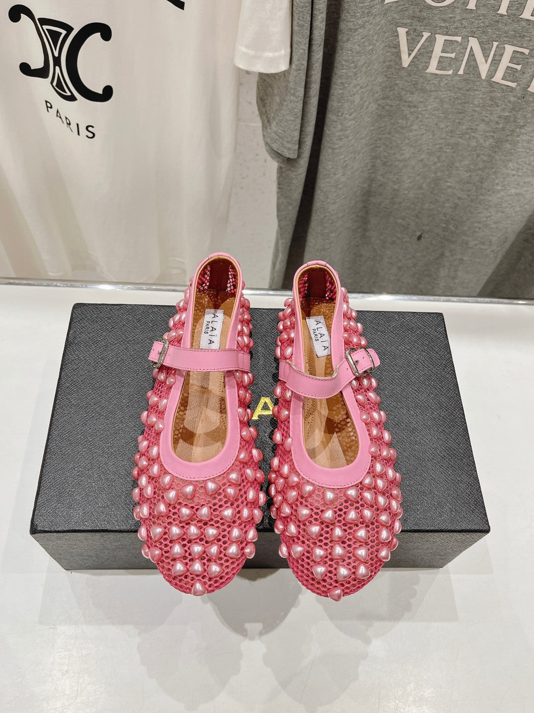 ALAIA PEARL MARY JANE SHOES IN DARK PINK MESH AND CALFSKIN