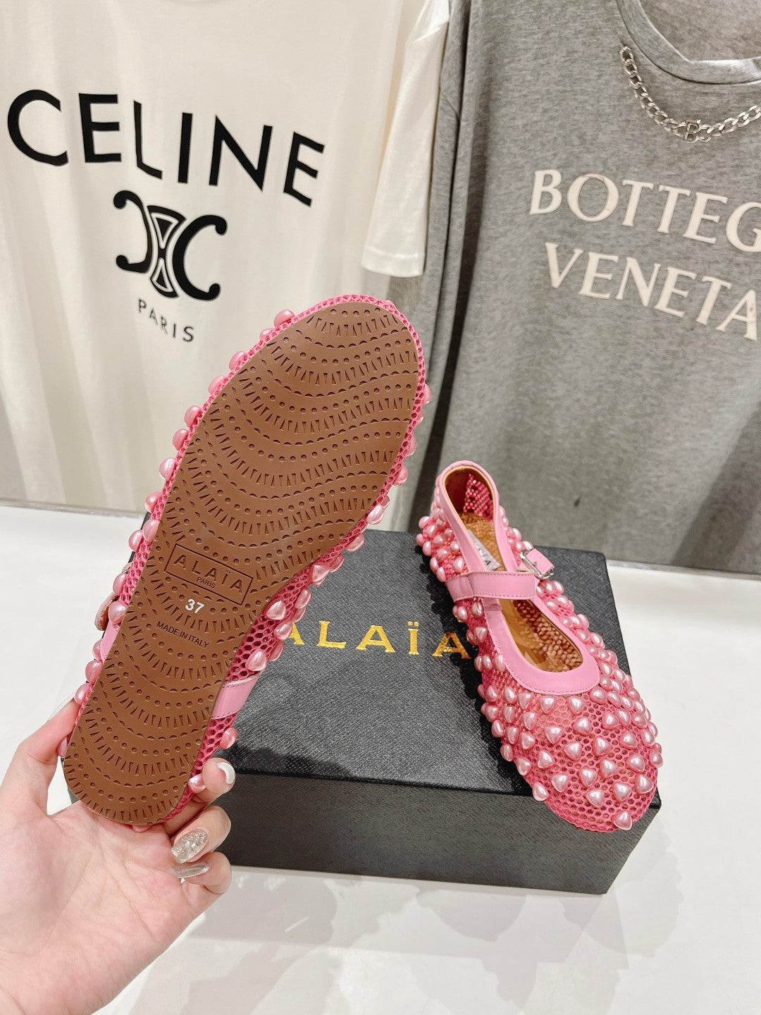 ALAIA PEARL MARY JANE SHOES IN DARK PINK MESH AND CALFSKIN