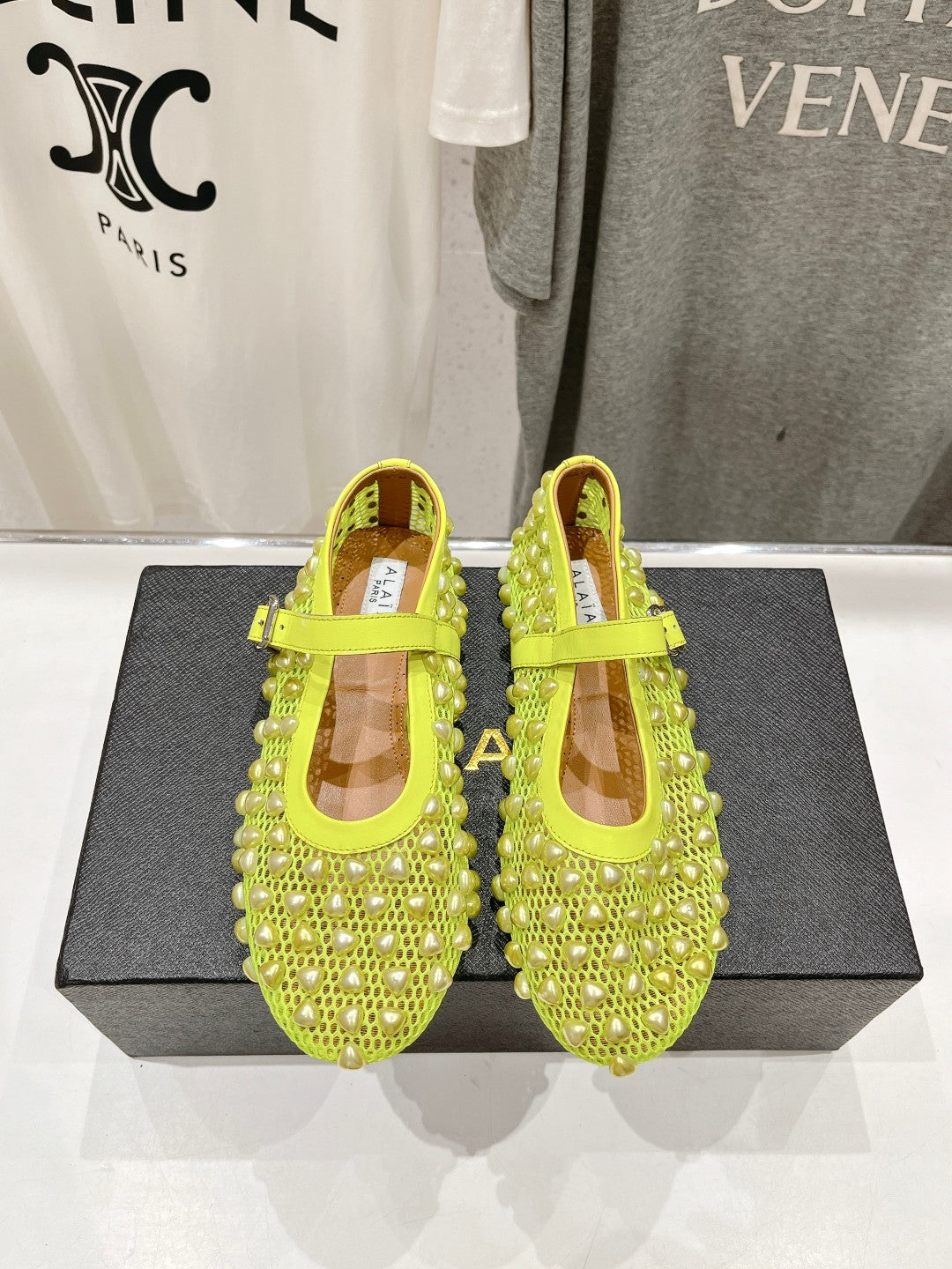 ALAIA PEARL MARY JANE SHOES IN NEON YELLOW MESH AND CALFSKIN