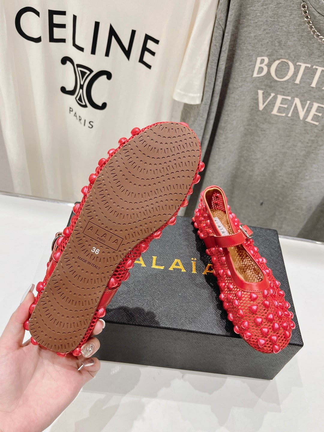 ALAIA PEARL MARY JANE SHOES IN CHERRY RED MESH AND CALFSKIN
