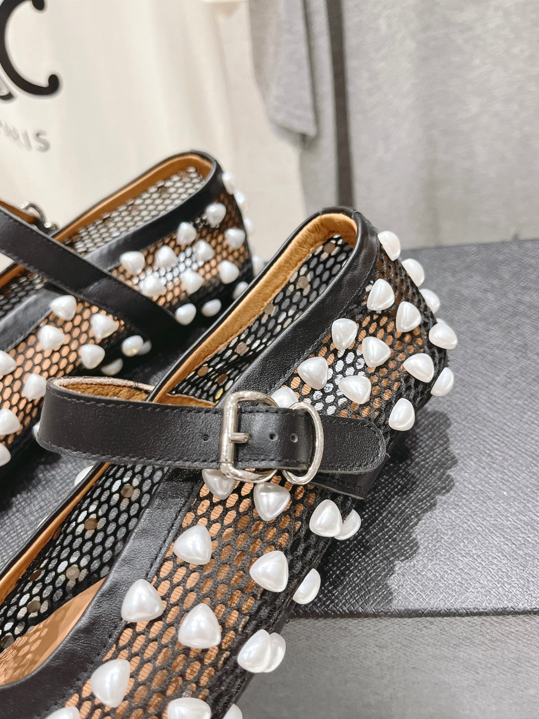 ALAIA PEARL MARY JANE SHOES IN BLACK MIX WHITE MESH AND CALFSKIN