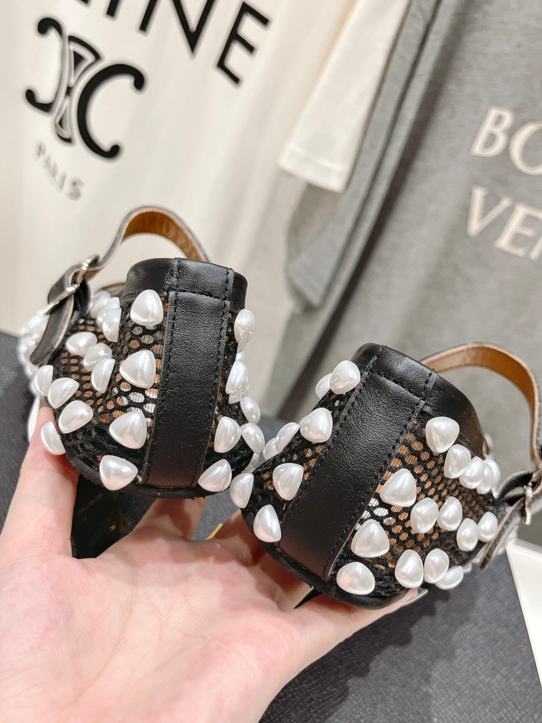 ALAIA PEARL MARY JANE SHOES IN BLACK MIX WHITE MESH AND CALFSKIN