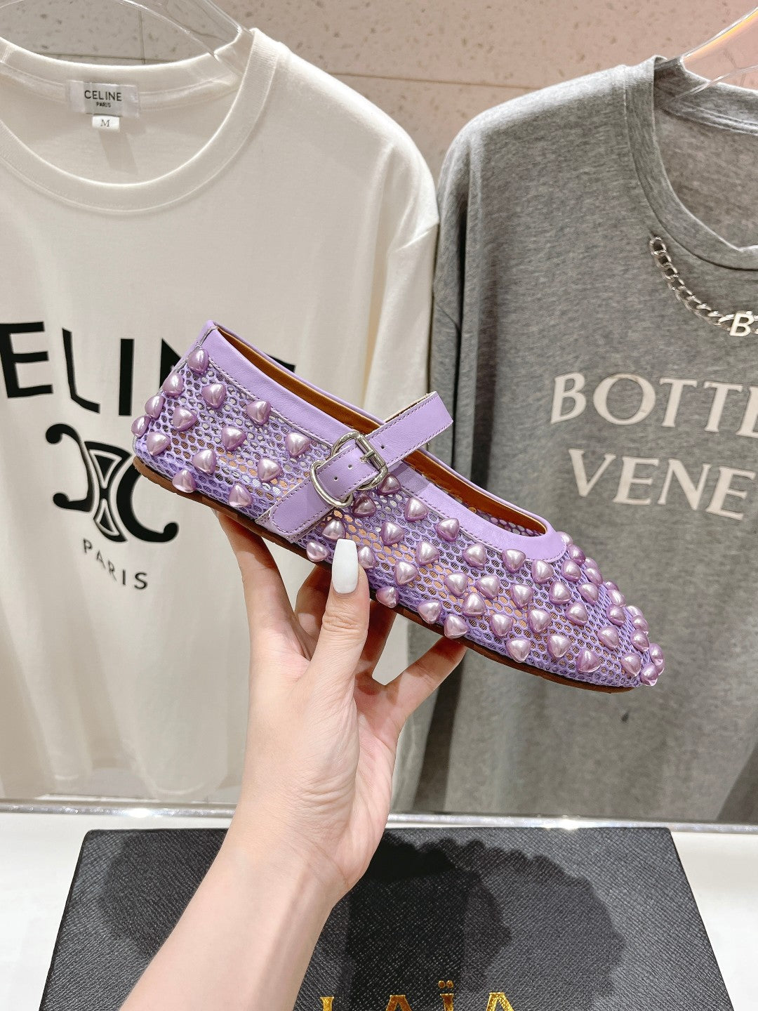 ALAIA PEARL MARY JANE SHOES IN LAVENDER PURPLE MESH AND CALFSKIN