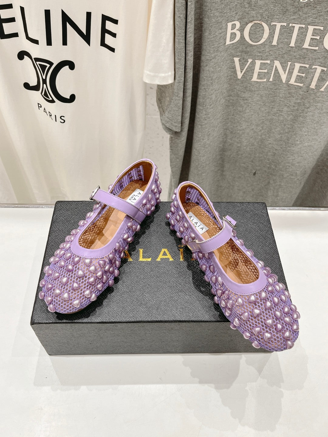 ALAIA PEARL MARY JANE SHOES IN LAVENDER PURPLE MESH AND CALFSKIN
