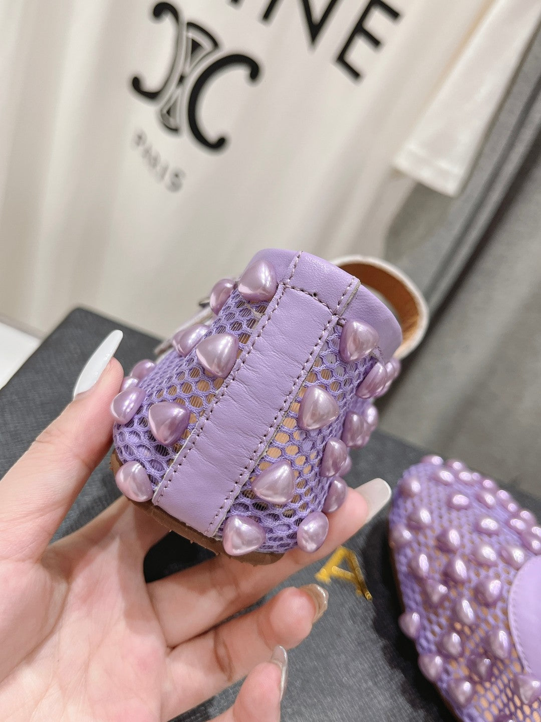 ALAIA PEARL MARY JANE SHOES IN LAVENDER PURPLE MESH AND CALFSKIN