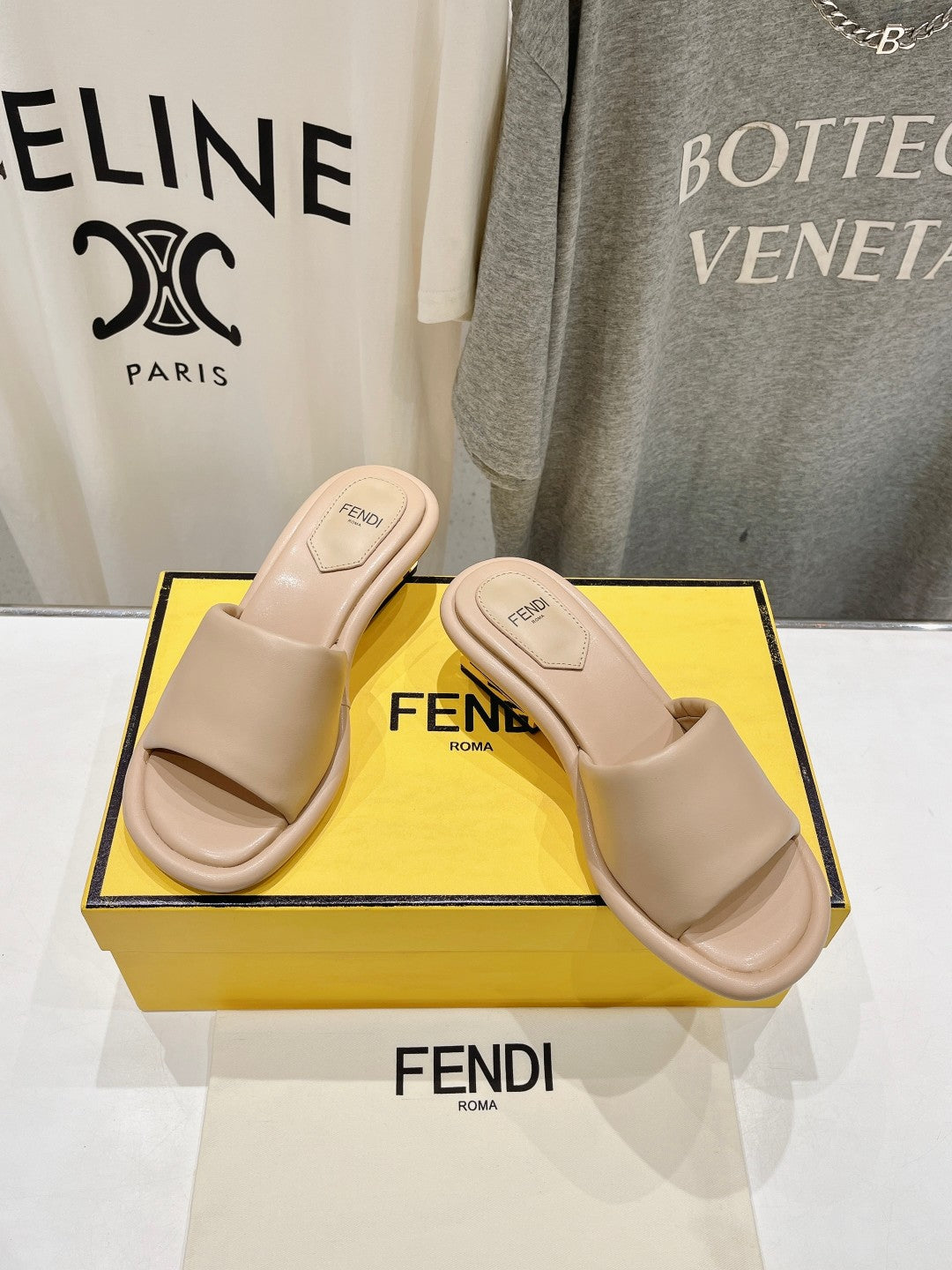 FENDI BAGUETTE MEDIUM-HEEL SANDALS 45 MM IN BISQUE BEIGE CALFSKIN
