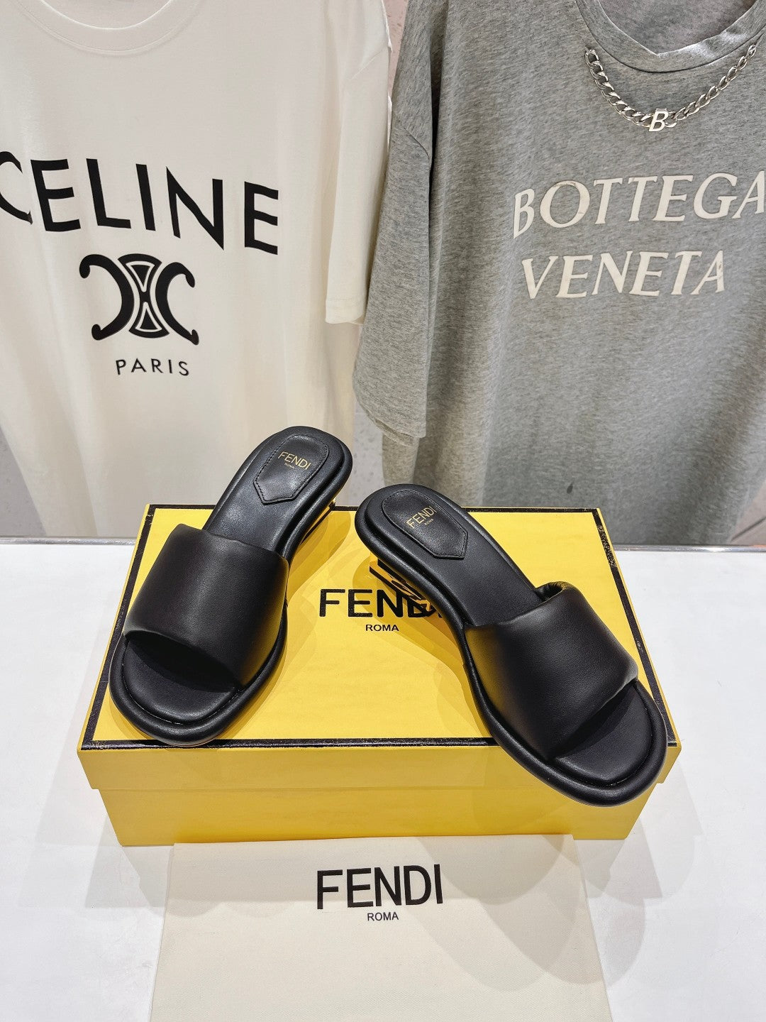 FENDI BAGUETTE MEDIUM-HEEL SANDALS 45 MM IN BLACK CALFSKIN