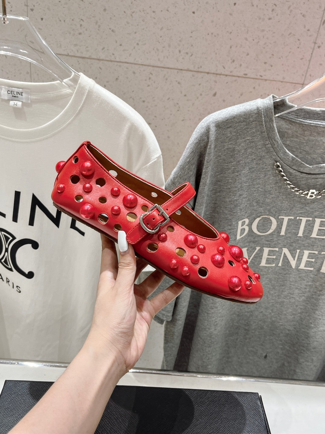 ALAIA PEARL MARY JANE SHOES IN ROSE RED LAMBSKIN