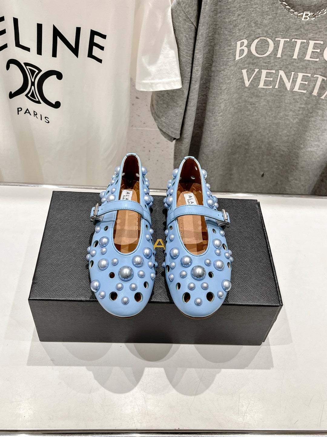 ALAIA PEARL MARY JANE SHOES IN LIGHT BLUE LAMBSKIN