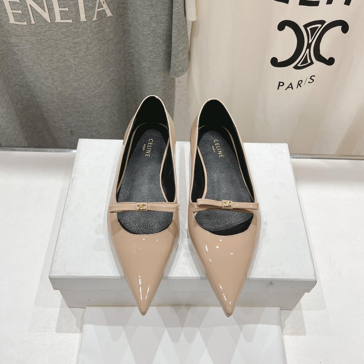SUZY POINTY TOE BALLERINA IN TAN BEIGE PATENT CALFSKIN