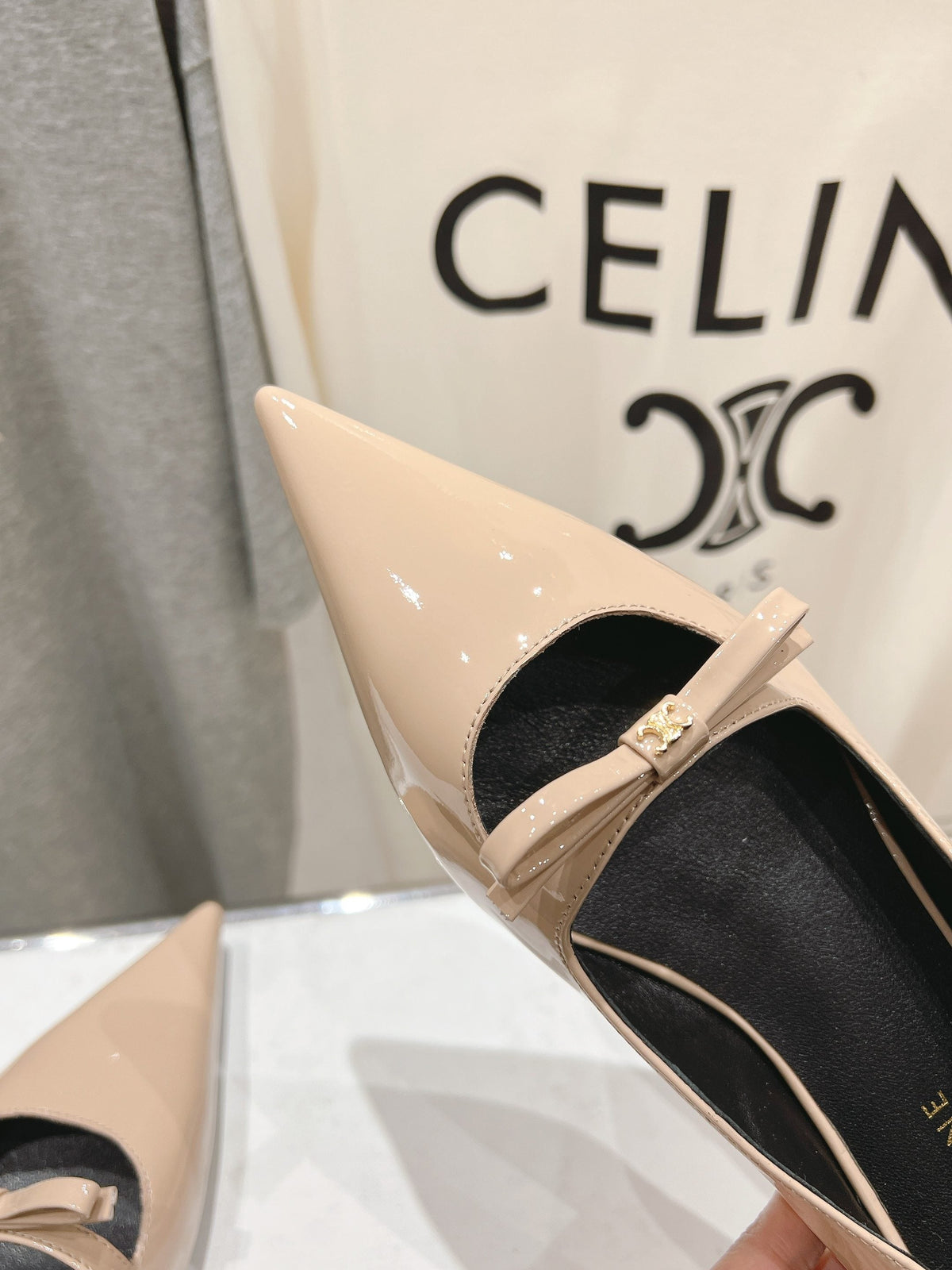 SUZY POINTY TOE BALLERINA IN TAN BEIGE PATENT CALFSKIN