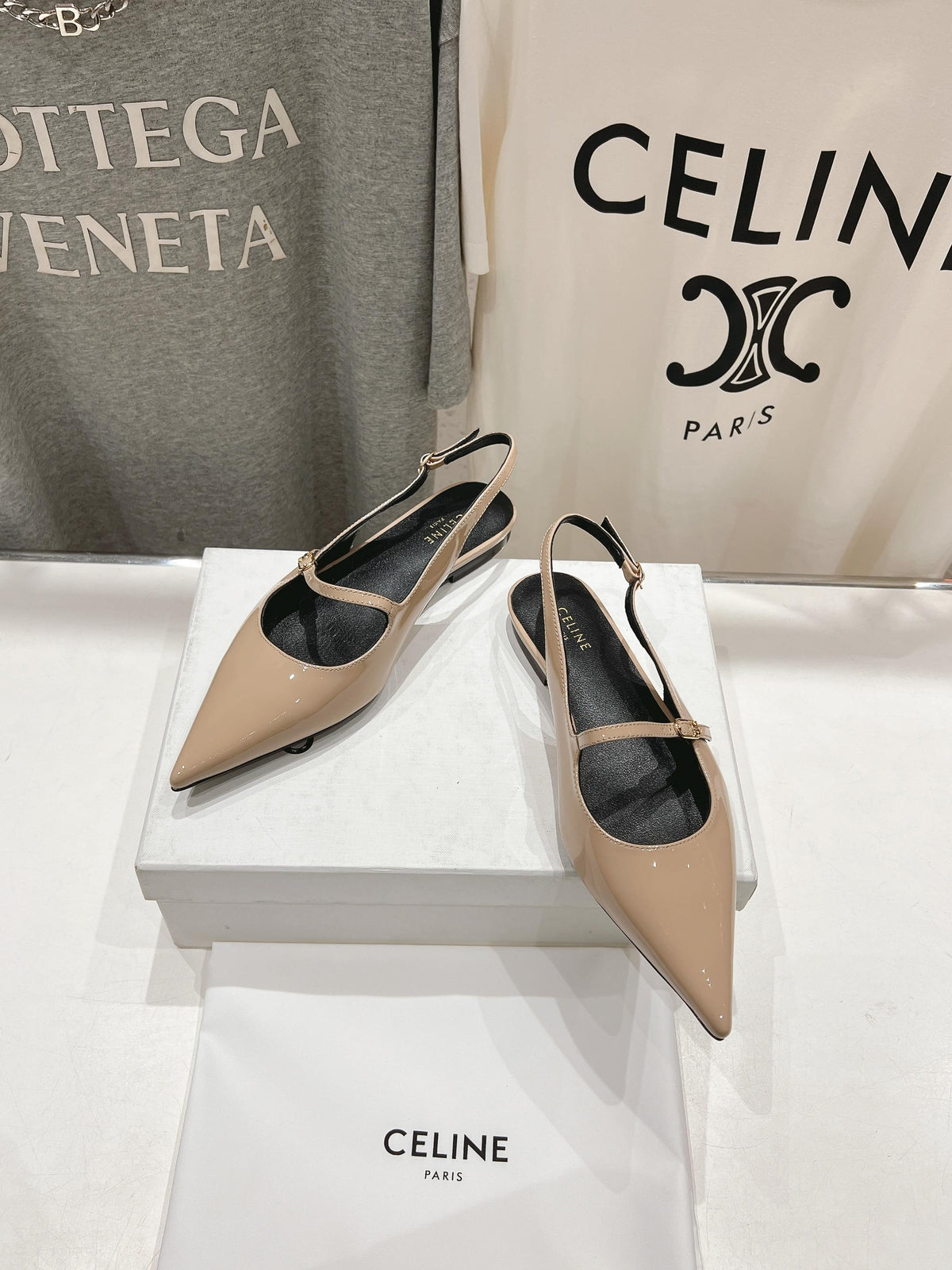 JUDY FLAT SLINGBACK IN TAN BEIGE PATENT CALFSKIN